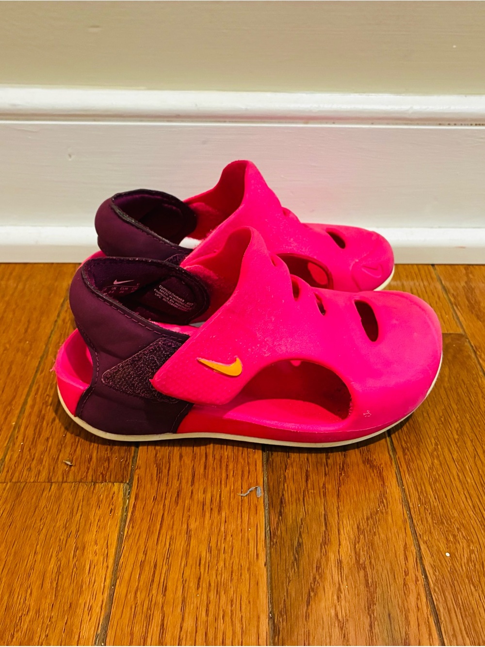 Nike Sunray Kids Pink and Purple Sporty Sandals with Yellow Swoosh size 9C